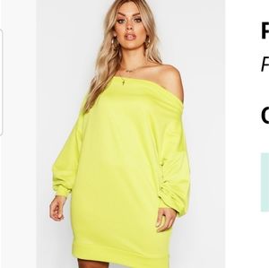Boohoo Plus Off Shoulder Sweat Dress LIME